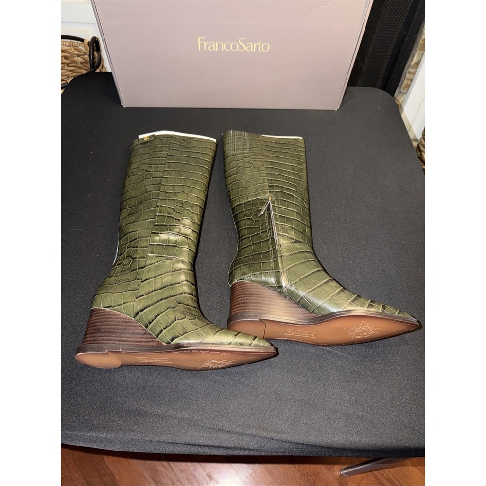 Franco Sarto Estella Wedge Tall Boot Green Croc Embossed Leather Size 7 NIB $225 - Picture 11 of 13